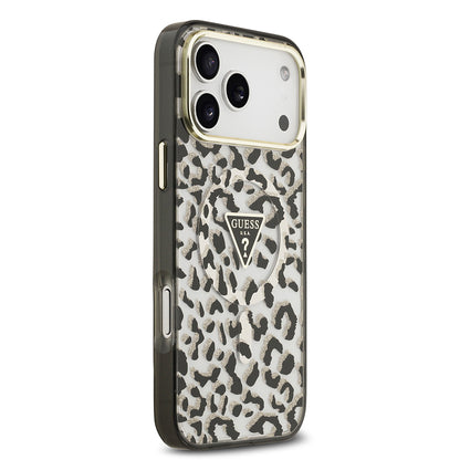 iPhone 18 Pro Max Kılıf Guess Orijinal Lisanslı M-safe Şarj Özellikli Üçgen Logolu Simli Leopar Desenli Kılıf
