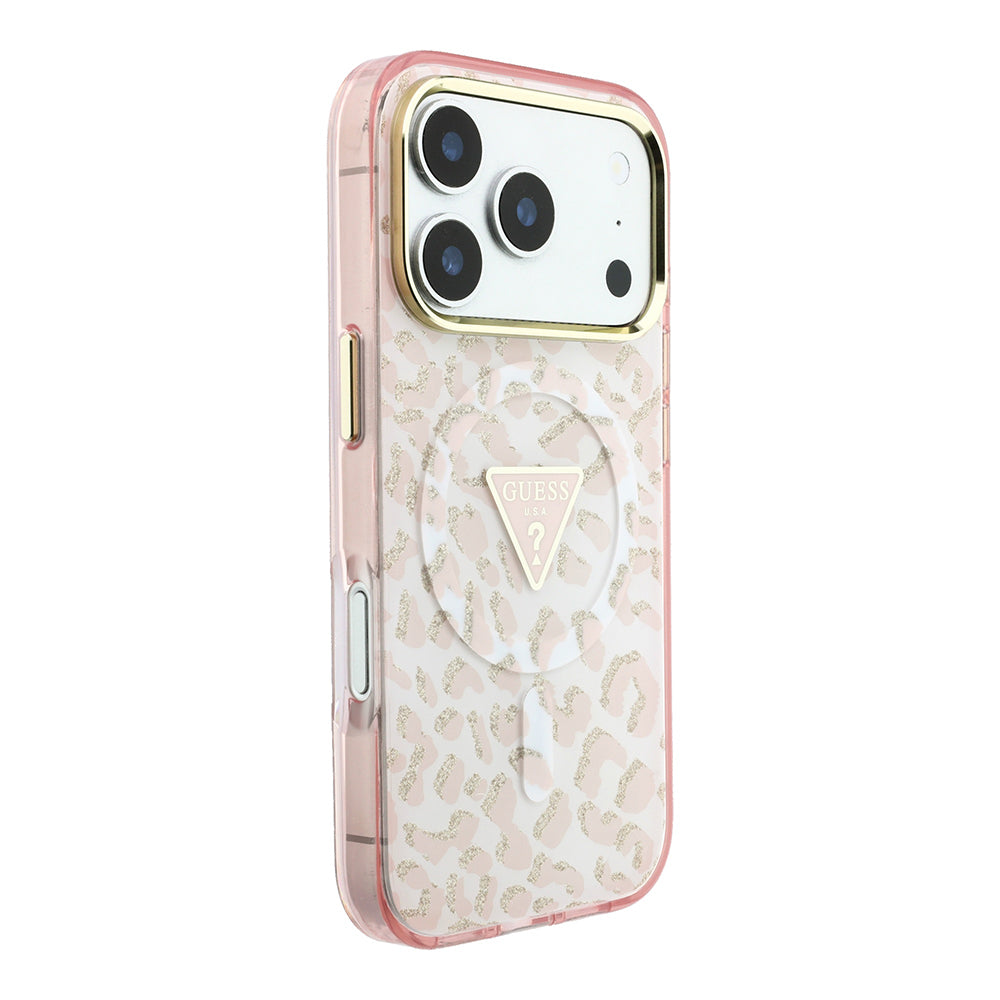 iPhone 18 Pro Max Kılıf Guess Orijinal Lisanslı M-safe Şarj Özellikli Üçgen Logolu Simli Leopar Desenli Kılıf