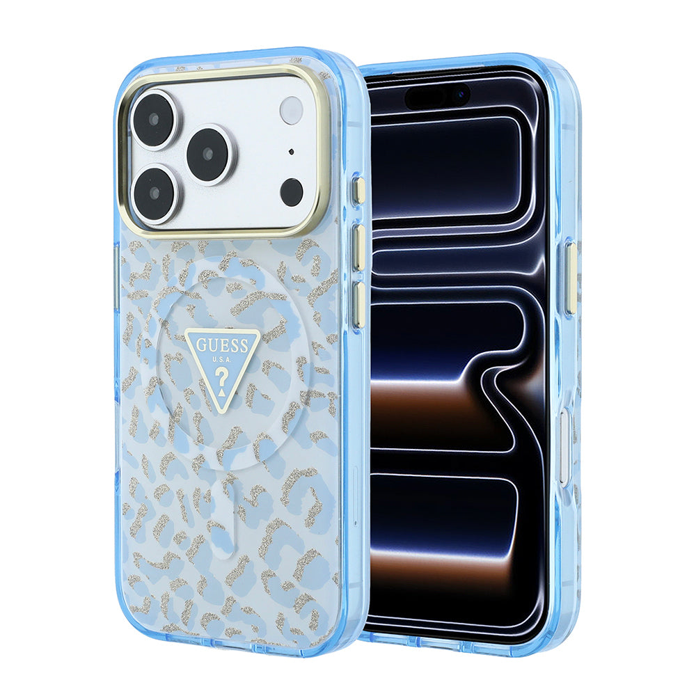 iPhone 18 Pro Max Kılıf Guess Orijinal Lisanslı M-safe Şarj Özellikli Üçgen Logolu Simli Leopar Desenli Kılıf