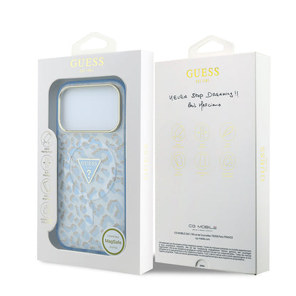 iPhone 18 Pro Max Kılıf Guess Orijinal Lisanslı M-safe Şarj Özellikli Üçgen Logolu Simli Leopar Desenli Kılıf