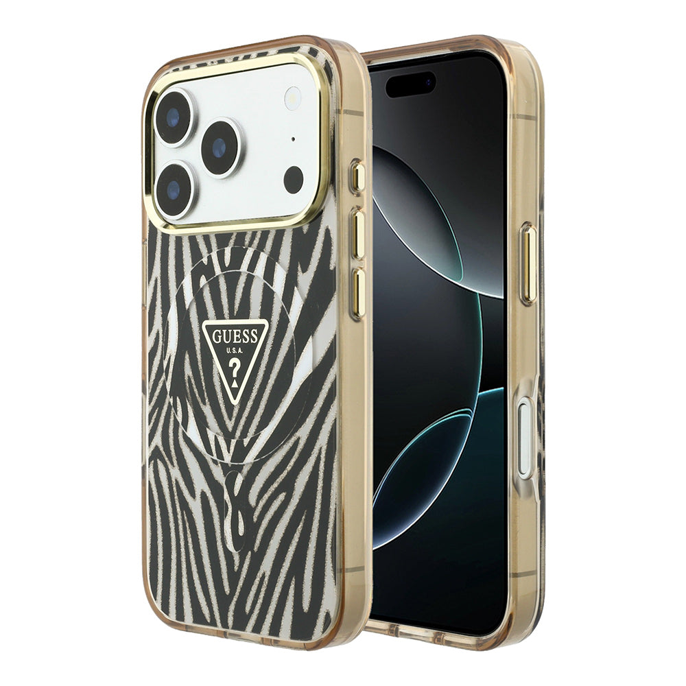 iPhone 18 Pro Max Kılıf Guess Orijinal Lisanslı M-safe Şarj Özellikli Üçgen Logolu Zebra Desenli Silikon Kılıf