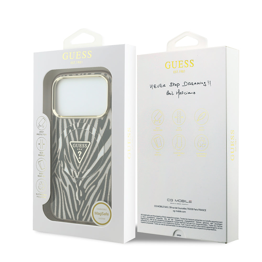 iPhone 18 Pro Max Kılıf Guess Orijinal Lisanslı M-safe Şarj Özellikli Üçgen Logolu Zebra Desenli Silikon Kılıf