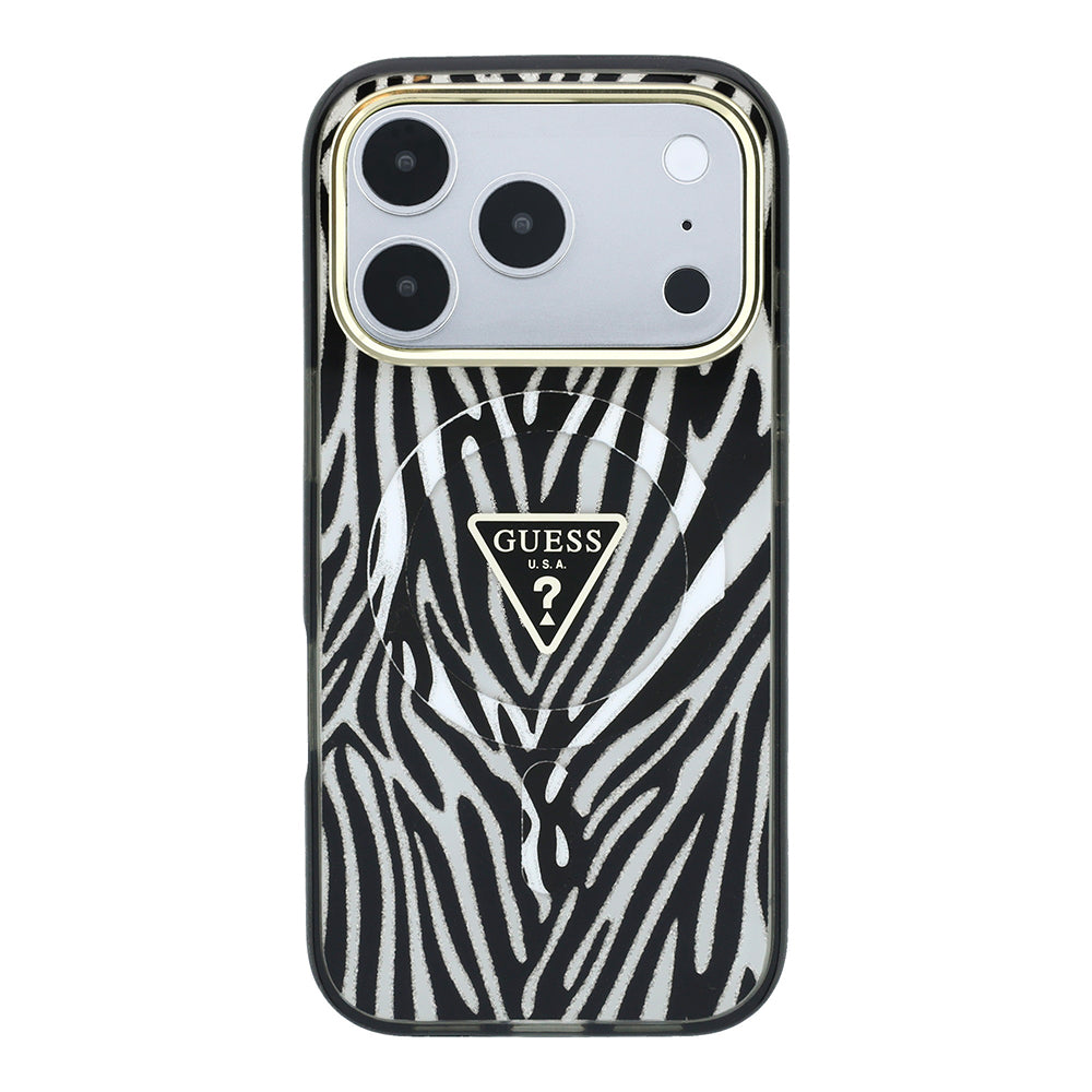 iPhone 18 Pro Max Kılıf Guess Orijinal Lisanslı M-safe Şarj Özellikli Üçgen Logolu Zebra Desenli Silikon Kılıf