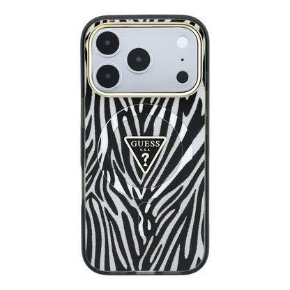 iPhone 18 Pro Max Kılıf Guess Orijinal Lisanslı M-safe Şarj Özellikli Üçgen Logolu Zebra Desenli Silikon Kılıf