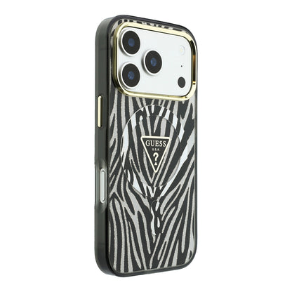 iPhone 18 Pro Max Kılıf Guess Orijinal Lisanslı M-safe Şarj Özellikli Üçgen Logolu Zebra Desenli Silikon Kılıf