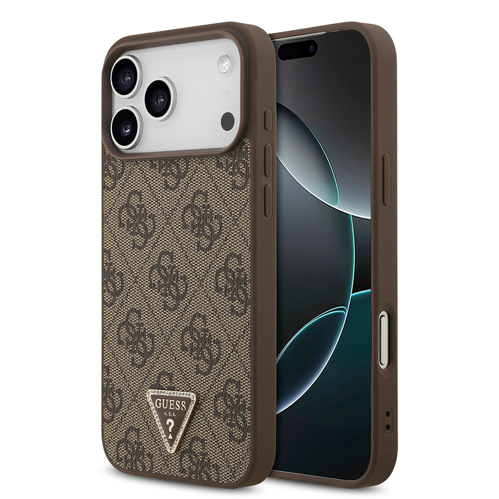 iPhone 18 Pro Max Kılıf Guess Orijinal Lisanslı M-safe Şarj Özllikli PU Deri Taşlı Üçgen Logo 4G Desenli Strass Kılıf