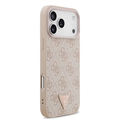 iPhone 18 Pro Max Kılıf Guess Orijinal Lisanslı M-safe Şarj Özllikli PU Deri Taşlı Üçgen Logo 4G Desenli Strass Kılıf