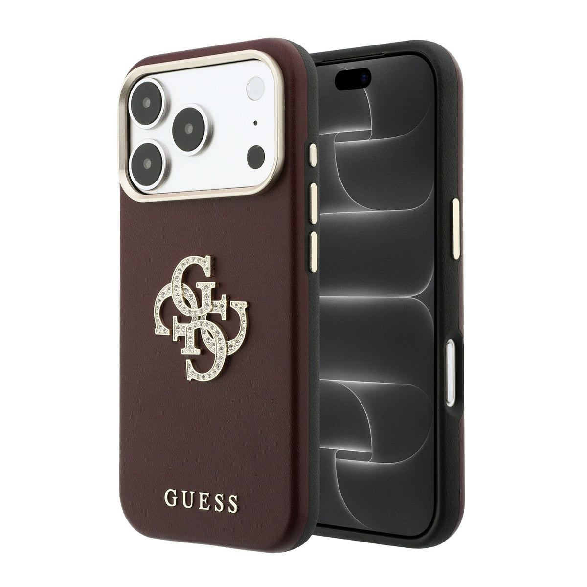 iPhone 18 Pro Max Kılıf Guess Orijinal Lisanslı Metal Kamera Çerçeveli 4G Büyük Taşlı Resin Logolu PU Kılıf