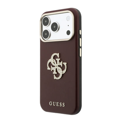 iPhone 18 Pro Max Kılıf Guess Orijinal Lisanslı Metal Kamera Çerçeveli 4G Büyük Taşlı Resin Logolu PU Kılıf