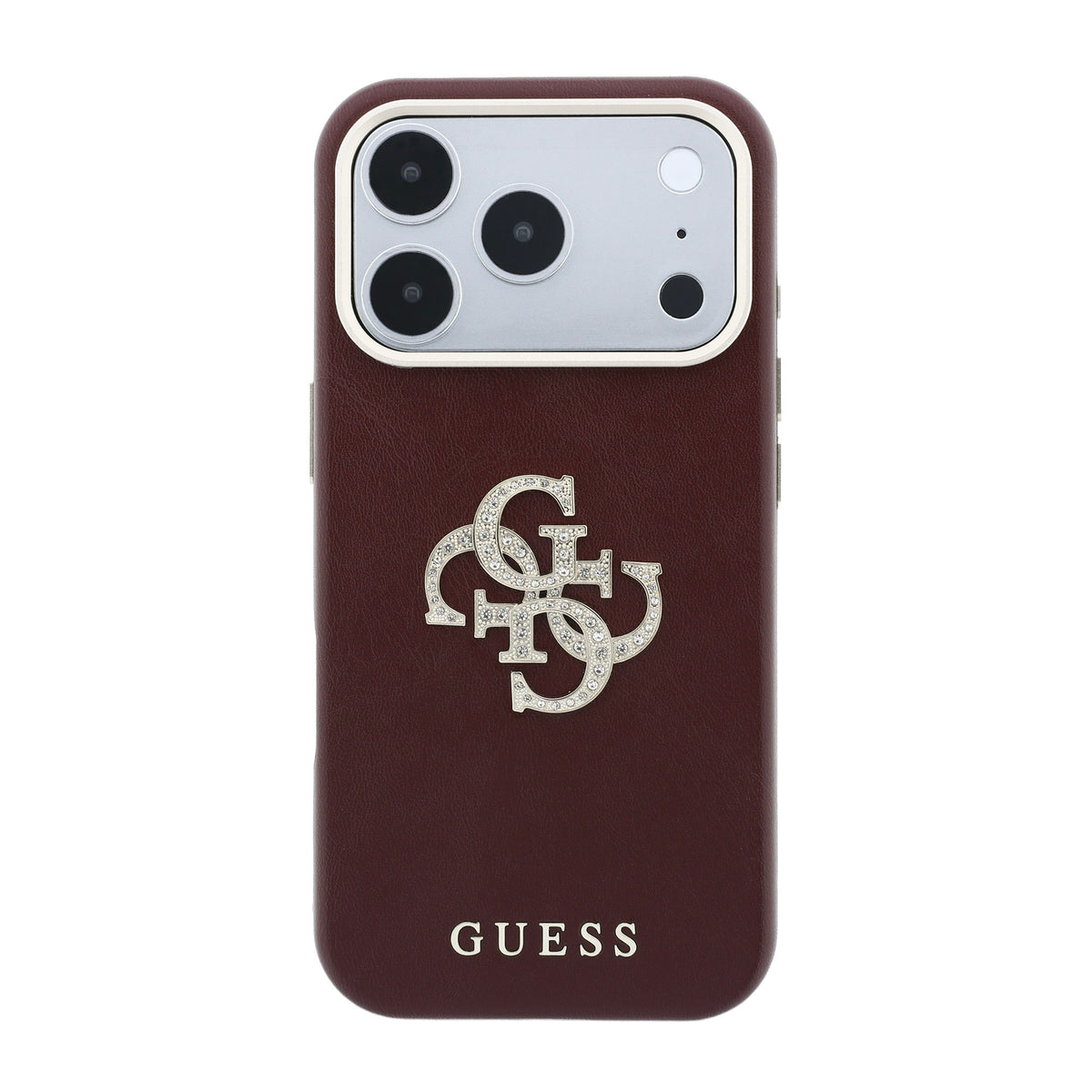 iPhone 18 Pro Max Kılıf Guess Orijinal Lisanslı Metal Kamera Çerçeveli 4G Büyük Taşlı Resin Logolu PU Kılıf