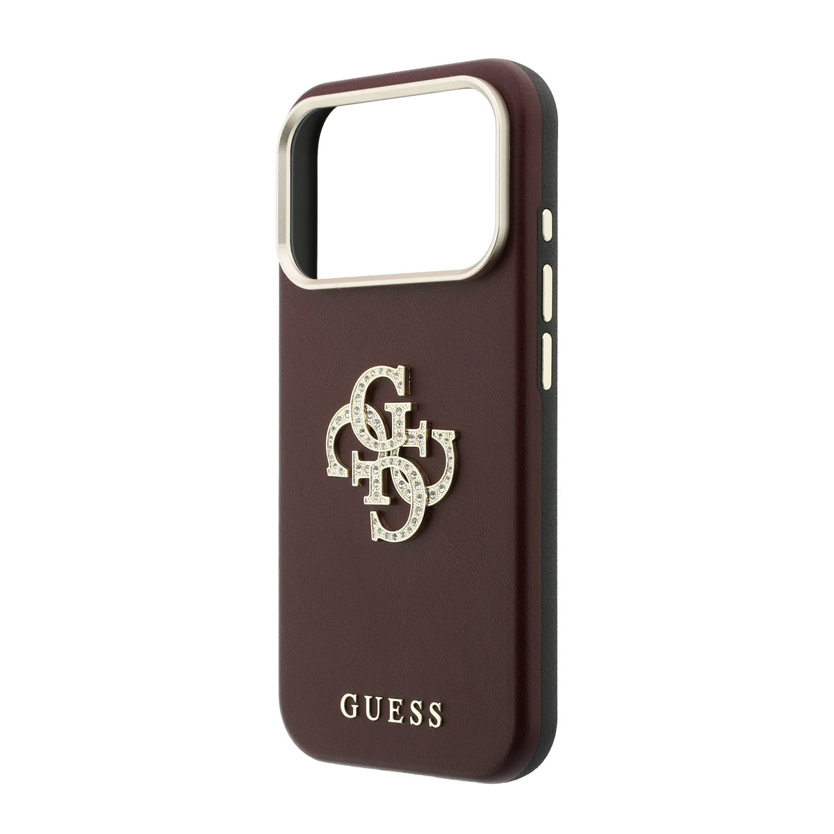 iPhone 18 Pro Max Kılıf Guess Orijinal Lisanslı Metal Kamera Çerçeveli 4G Büyük Taşlı Resin Logolu PU Kılıf