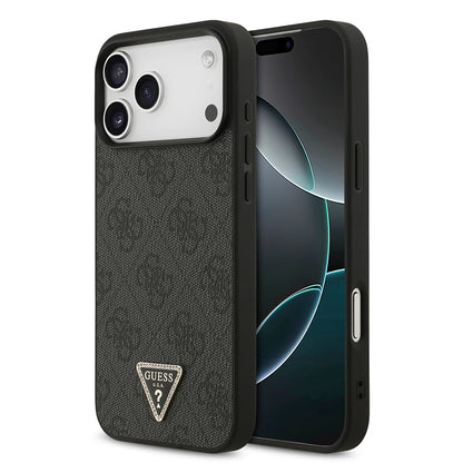 iPhone 18 Pro Max Kılıf Guess Orijinal Lisanslı PU Deri Taşlı Üçgen Logo 4G Desenli Strass Kılıf