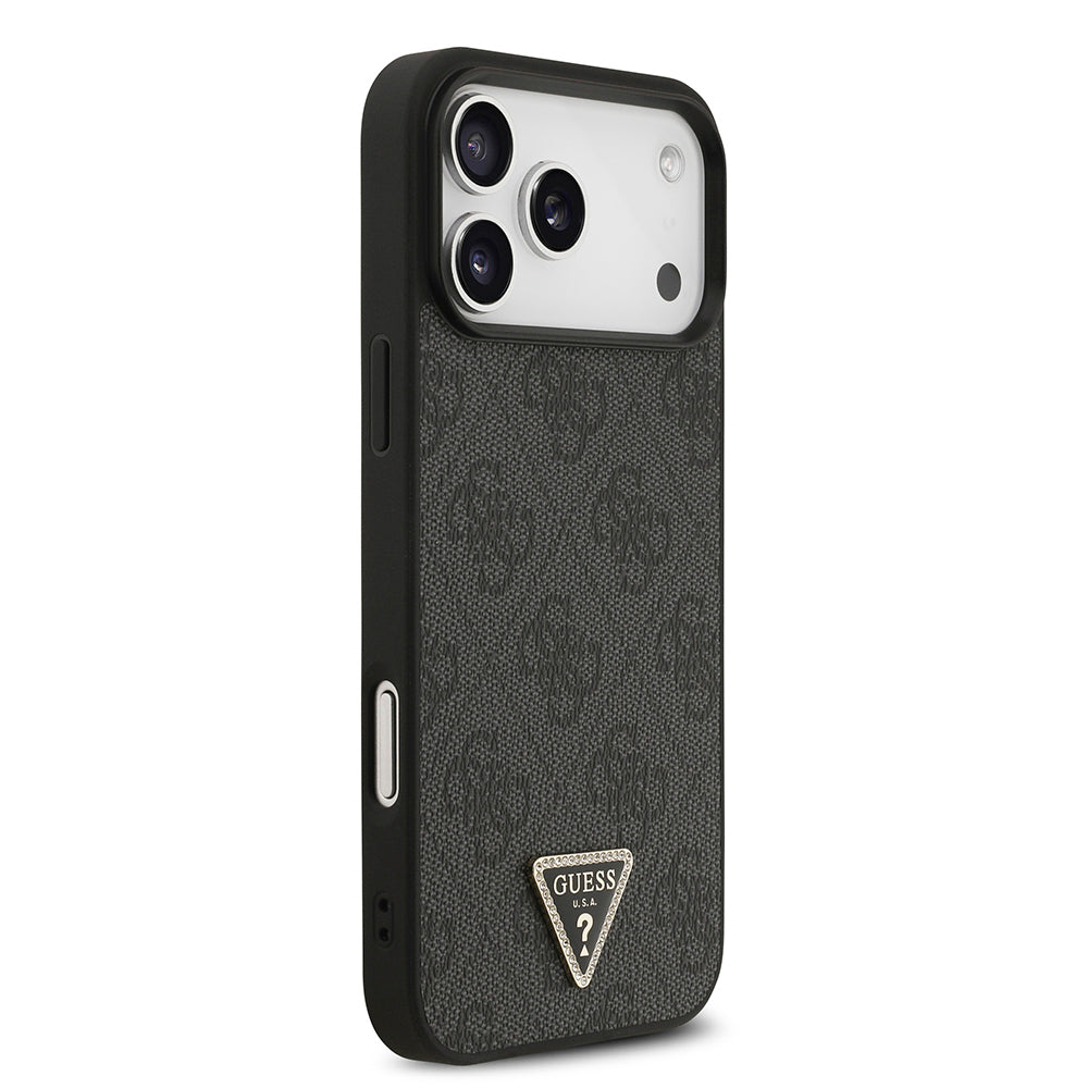 iPhone 18 Pro Max Kılıf Guess Orijinal Lisanslı PU Deri Taşlı Üçgen Logo 4G Desenli Strass Kılıf