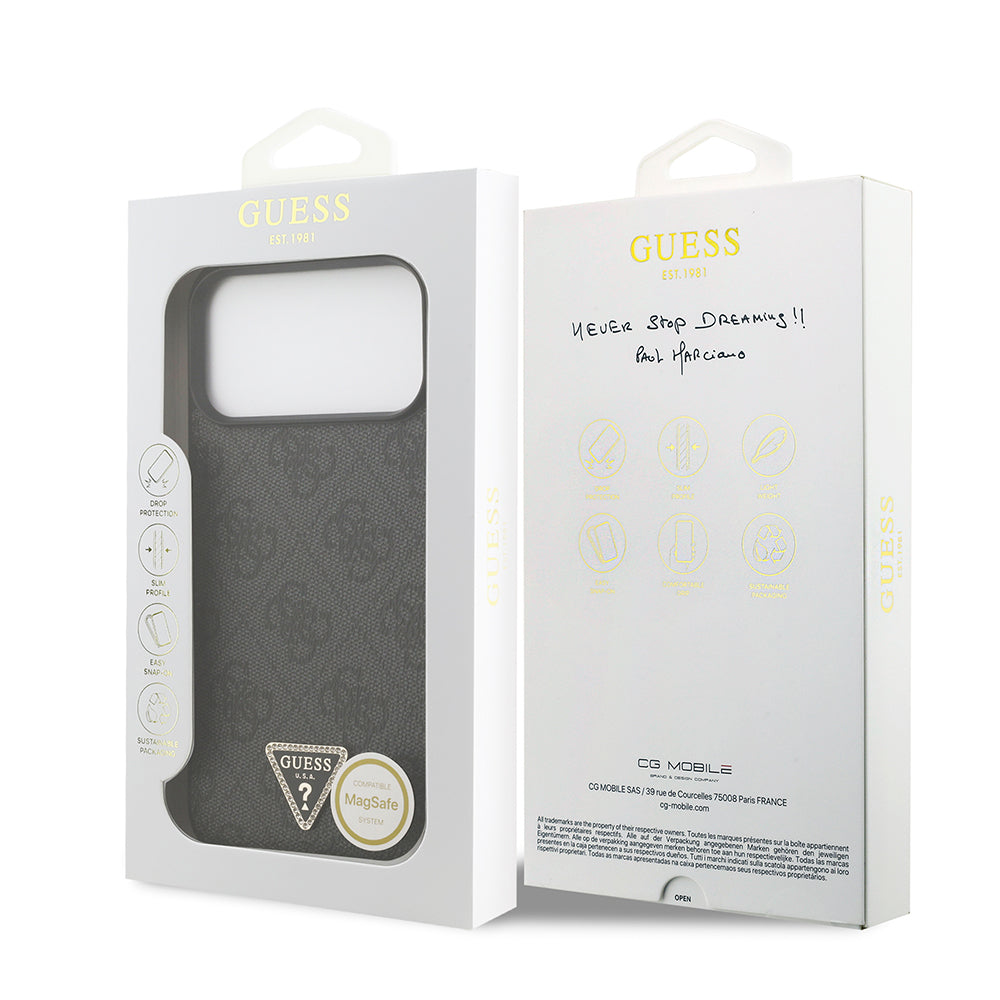 iPhone 18 Pro Max Kılıf Guess Orijinal Lisanslı PU Deri Taşlı Üçgen Logo 4G Desenli Strass Kılıf