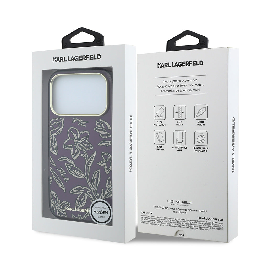 iPhone 18 Pro Max Kılıf Karl Lagerfeld Orijinal Lisanslı M-safe Şarj Özellikli Gold Metal Kamera Çerçeveli Çiçek Tasarımlı Kılıf