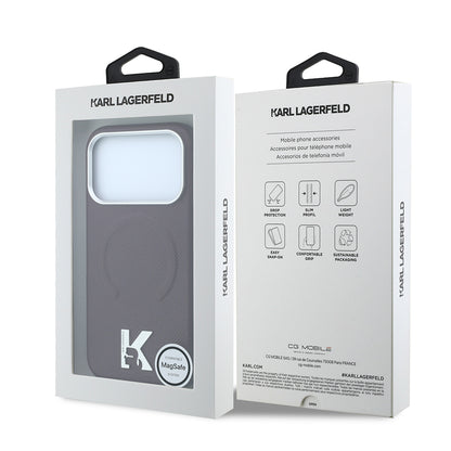 iPhone 18 Pro Max Kılıf Karl Lagerfeld Orijinal Lisanslı M-safe Şarj Özellikli KHEAD Metal Logolu PU Grained Deri Kılıf