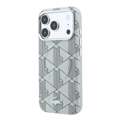 iPhone 18 Pro Max Kılıf Lacoste Orijinal Lisanslı M-safe Şarj Özellikli Metal Logolu Deri Karışık Monogram Desenli Kılıf