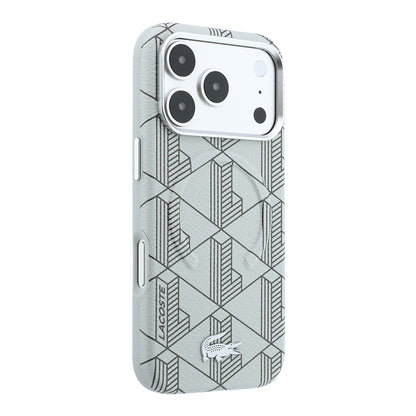 iPhone 18 Pro Max Kılıf Lacoste Orijinal Lisanslı M-safe Şarj Özellikli Metal Logolu Deri Karışık Monogram Desenli Kılıf