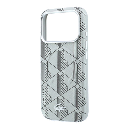 iPhone 18 Pro Max Kılıf Lacoste Orijinal Lisanslı M-safe Şarj Özellikli Metal Logolu Deri Karışık Monogram Desenli Kılıf