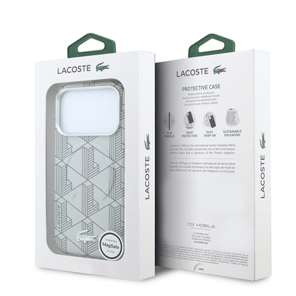 iPhone 18 Pro Max Kılıf Lacoste Orijinal Lisanslı M-safe Şarj Özellikli Metal Logolu Deri Karışık Monogram Desenli Kılıf