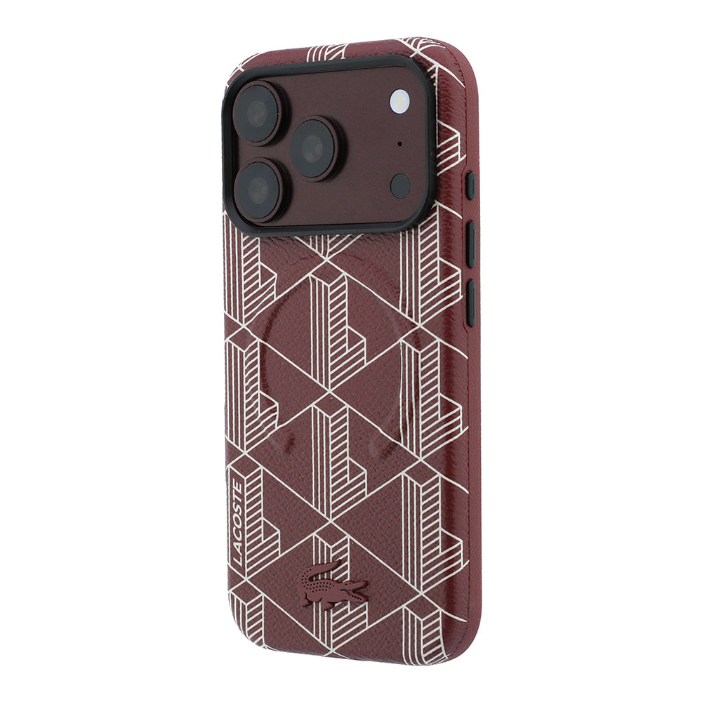 iPhone 18 Pro Max Kılıf Lacoste Orijinal Lisanslı M-safe Şarj Özellikli Metal Logolu Deri Karışık Monogram Desenli Kılıf