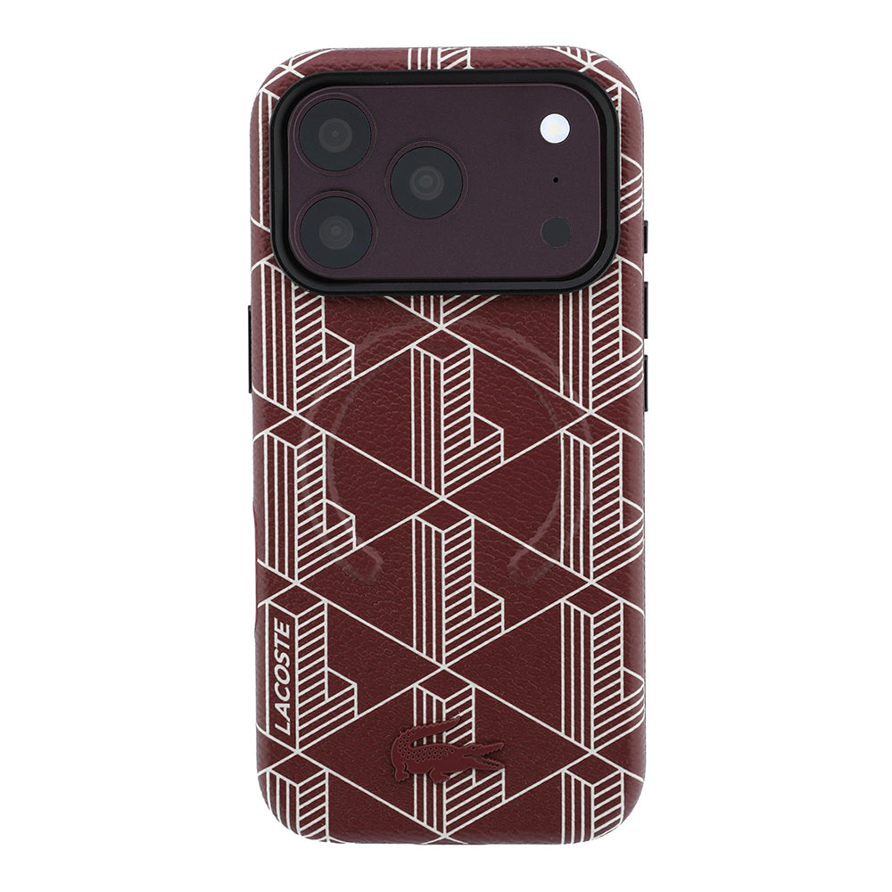 iPhone 18 Pro Max Kılıf Lacoste Orijinal Lisanslı M-safe Şarj Özellikli Metal Logolu Deri Karışık Monogram Desenli Kılıf
