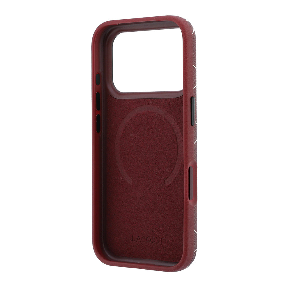iPhone 18 Pro Max Kılıf Lacoste Orijinal Lisanslı M-safe Şarj Özellikli Metal Logolu Deri Karışık Monogram Desenli Kılıf
