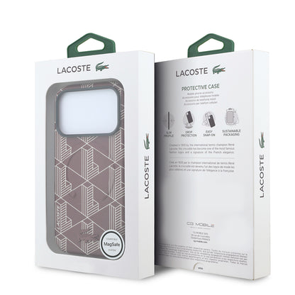 iPhone 18 Pro Max Kılıf Lacoste Orijinal Lisanslı M-safe Şarj Özellikli Metal Logolu Deri Karışık Monogram Desenli Kılıf