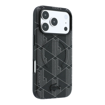 iPhone 18 Pro Max Kılıf Lacoste Orijinal Lisanslı M-safe Şarj Özellikli Metal Logolu Deri Karışık Monogram Desenli Kılıf
