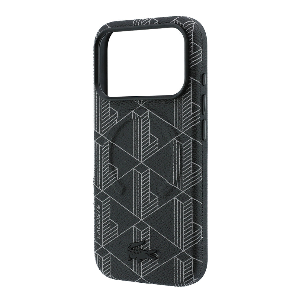 iPhone 18 Pro Max Kılıf Lacoste Orijinal Lisanslı M-safe Şarj Özellikli Metal Logolu Deri Karışık Monogram Desenli Kılıf