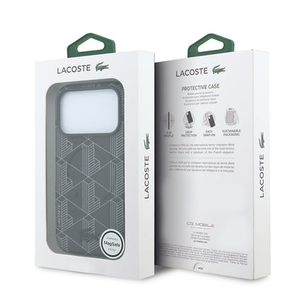 iPhone 18 Pro Max Kılıf Lacoste Orijinal Lisanslı M-safe Şarj Özellikli Metal Logolu Deri Karışık Monogram Desenli Kılıf