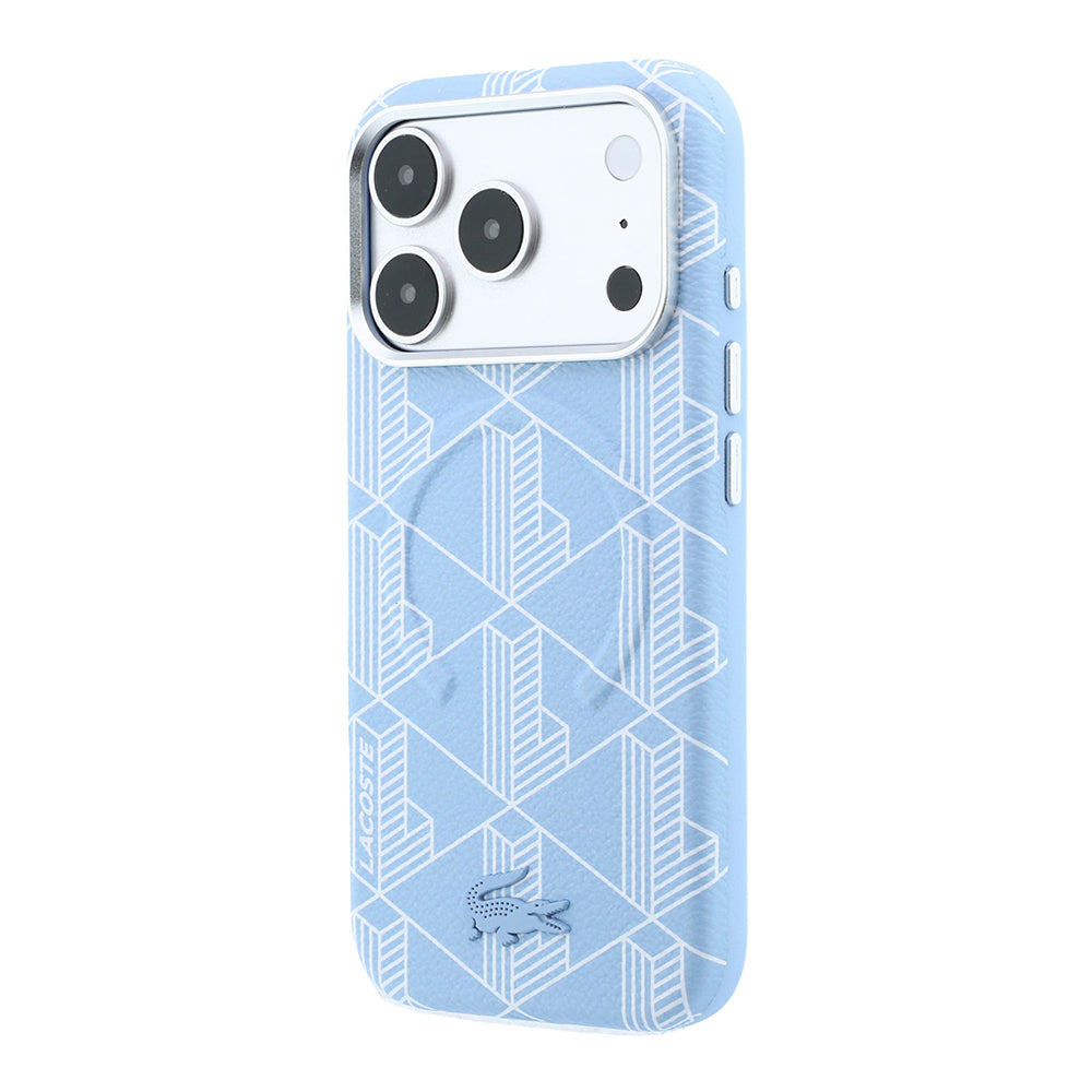 iPhone 18 Pro Max Kılıf Lacoste Orijinal Lisanslı M-safe Şarj Özellikli Metal Logolu Deri Karışık Monogram Desenli Kılıf