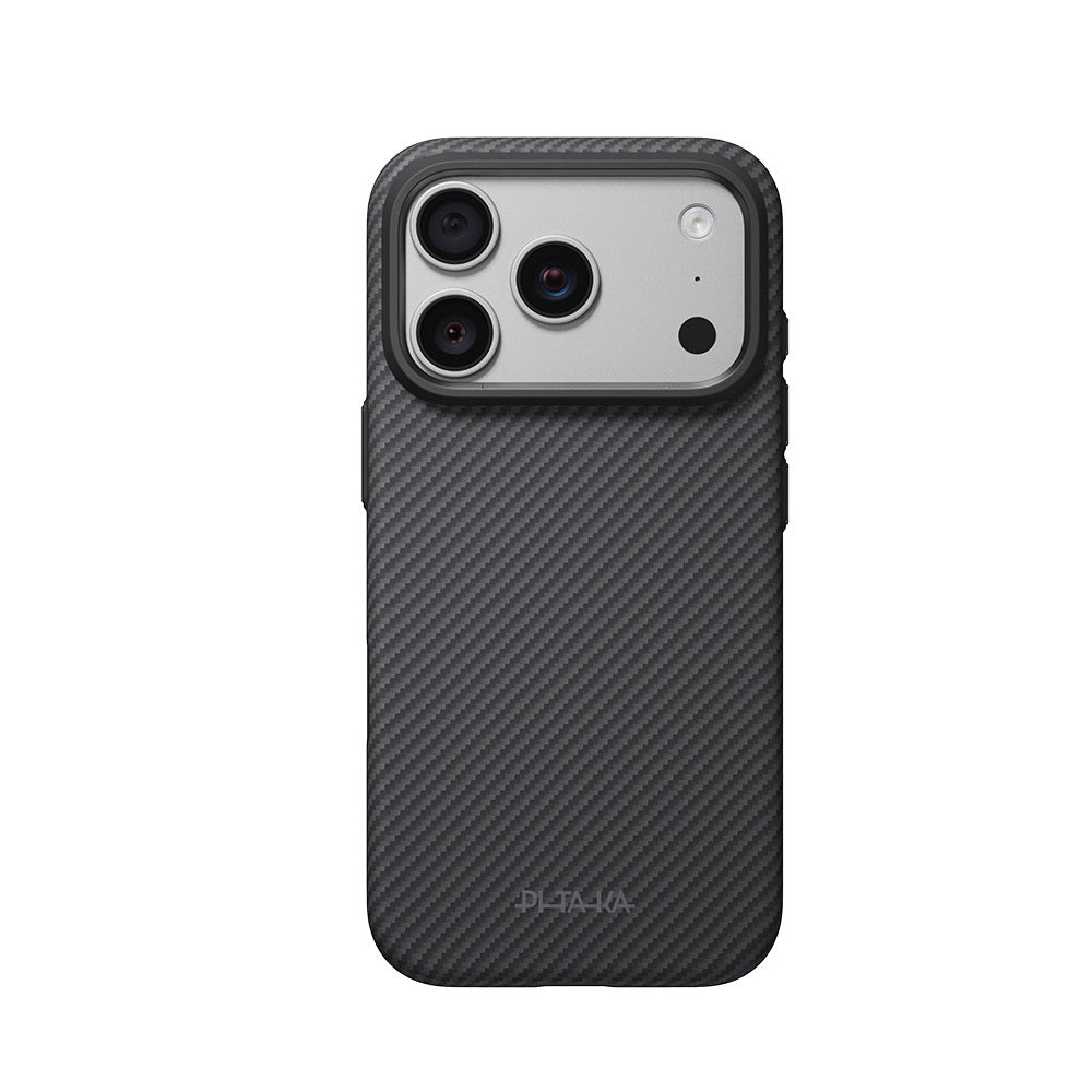 iPhone 18 Pro Max Kılıf M-safe Şarj Özellikli Aramid Karbon Fiber Pitaka Military-Grade Classic Serisi New Logo Black-Grey Twill Kılıf