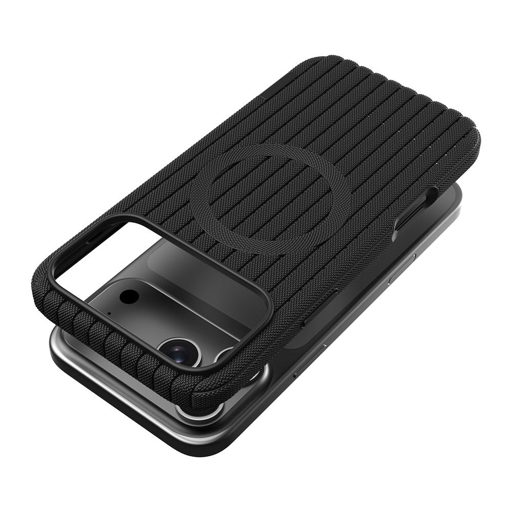 iPhone 18 Pro Max Kılıf M-Safe Şarj Özellikli Çizgi Desenli Kumaş Dokulu Zore Paris Lorin Kılıf