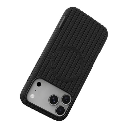 iPhone 18 Pro Max Kılıf M-Safe Şarj Özellikli Çizgi Desenli Kumaş Dokulu Zore Paris Lorin Kılıf