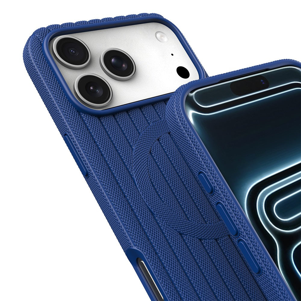 iPhone 18 Pro Max Kılıf M-Safe Şarj Özellikli Çizgi Desenli Kumaş Dokulu Zore Paris Lorin Kılıf