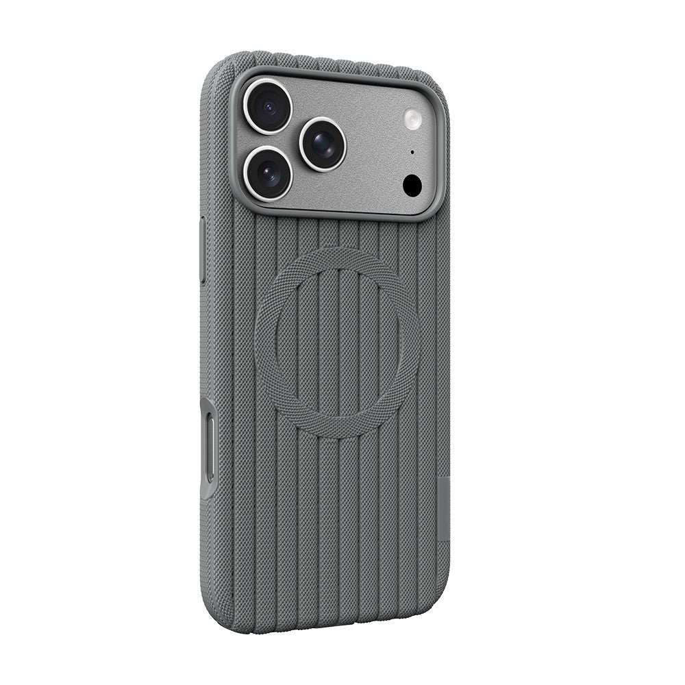 iPhone 18 Pro Max Kılıf M-Safe Şarj Özellikli Çizgi Desenli Kumaş Dokulu Zore Paris Lorin Kılıf