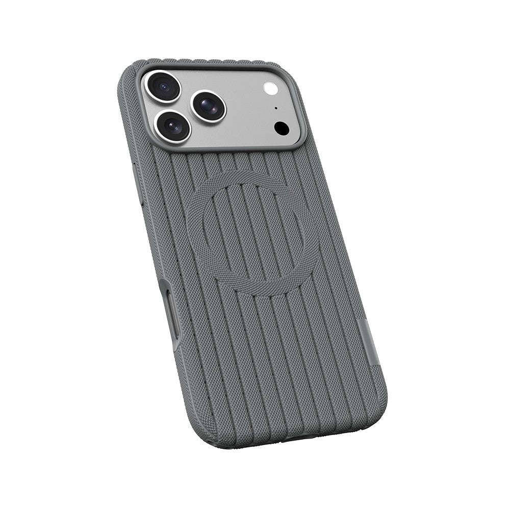 iPhone 18 Pro Max Kılıf M-Safe Şarj Özellikli Çizgi Desenli Kumaş Dokulu Zore Paris Lorin Kılıf