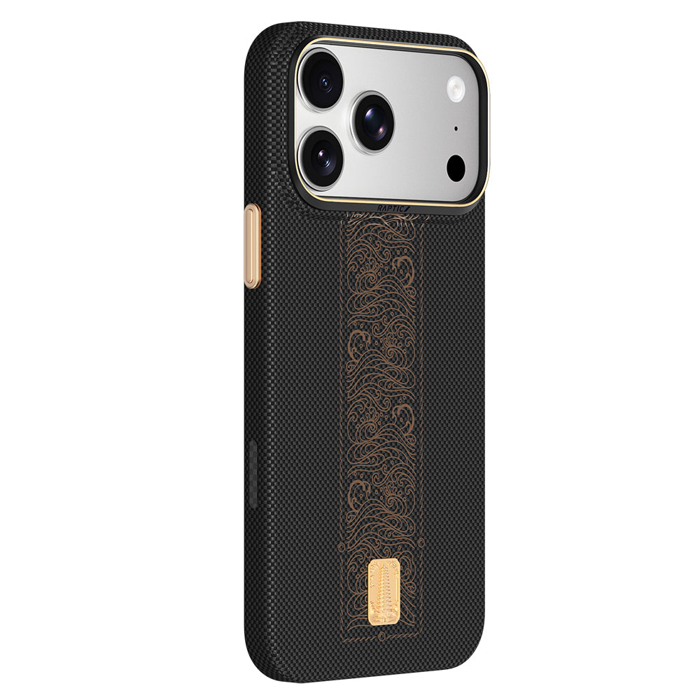 iPhone 18 Pro Max Kılıf M-safe Şarj Özellikli Raptic Aramid Skin Rise Serisi 24 Ayar Altın Kaplamalı Karbon Kılıf