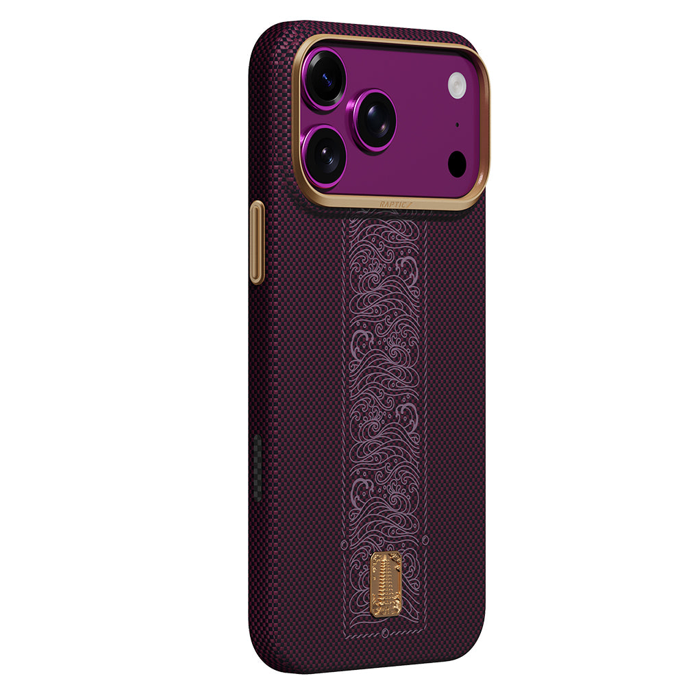 iPhone 18 Pro Max Kılıf M-safe Şarj Özellikli Raptic Aramid Skin Rise Serisi 24 Ayar Altın Kaplamalı Karbon Kılıf