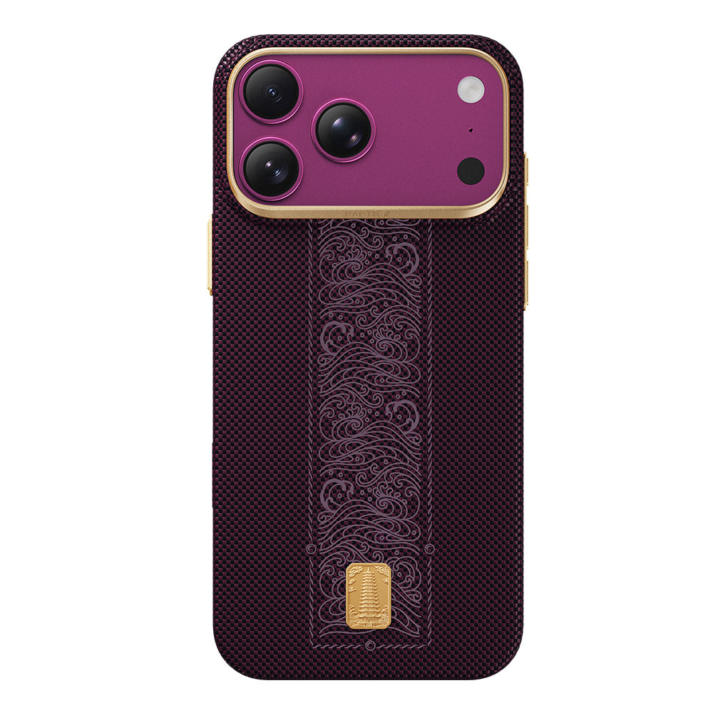 iPhone 18 Pro Max Kılıf M-safe Şarj Özellikli Raptic Aramid Skin Rise Serisi 24 Ayar Altın Kaplamalı Karbon Kılıf