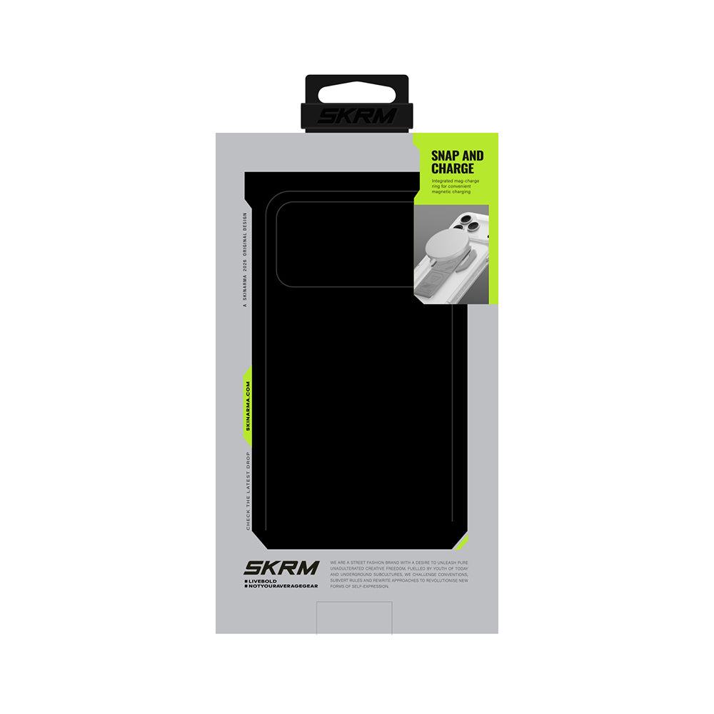 iPhone 18 Pro Max Kılıf M-safe Şarj Özellikli Teknoloji Desenli Skinarma Helio CE Mag Charge Standlı Kılıf