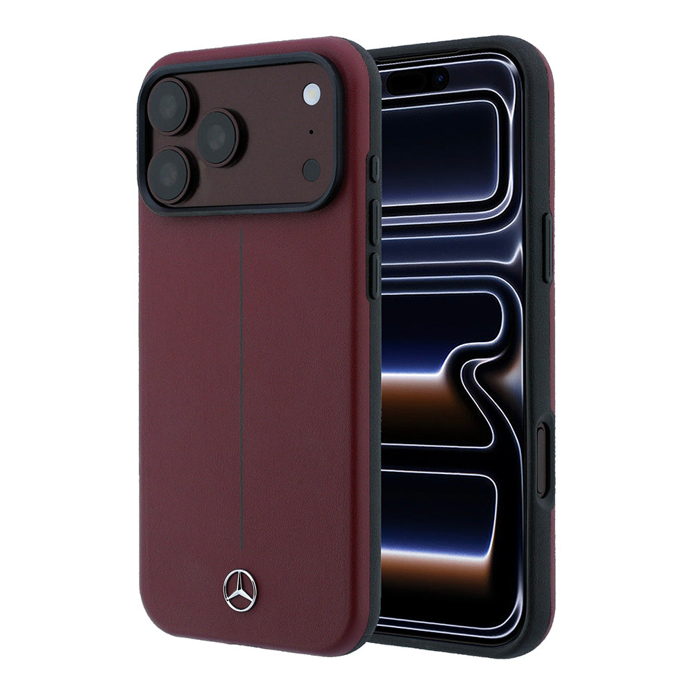iPhone 18 Pro Max Kılıf Mercedes Benz Orijinal Lisanslı M-safe Şarj Özellikli Metal Yıldız Logolu Çizgili Deri Kılıf