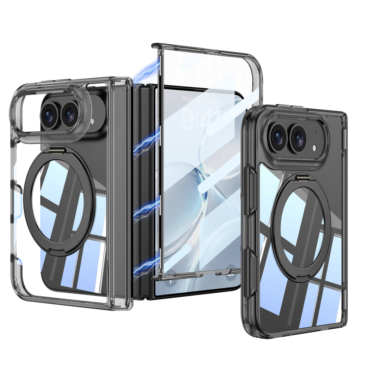 iPhone Duo Kılıf M-safe Şarj Özellikli Zore Kıpta KPT-09 Ring Standlı Şeffaf Sert PC Kılıf