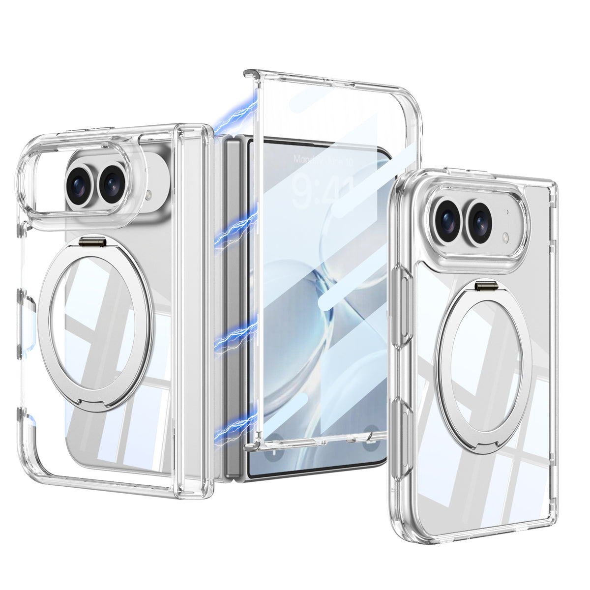 iPhone Duo Kılıf M-safe Şarj Özellikli Zore Kıpta KPT-09 Ring Standlı Şeffaf Sert PC Kılıf
