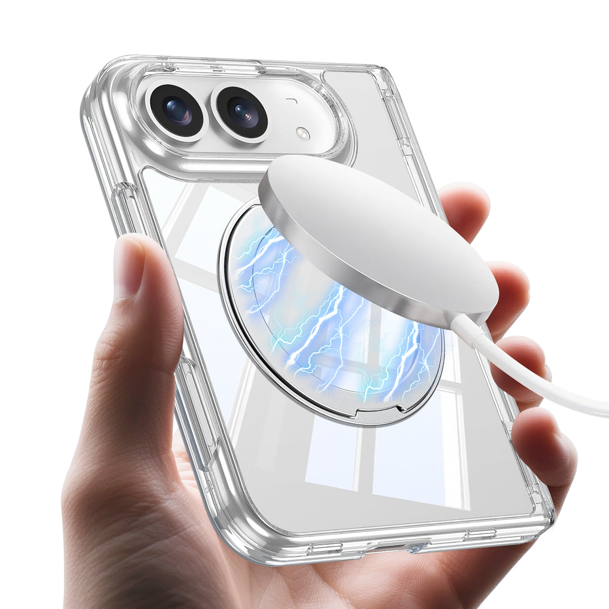 iPhone Duo Kılıf M-safe Şarj Özellikli Zore Kıpta KPT-09 Ring Standlı Şeffaf Sert PC Kılıf