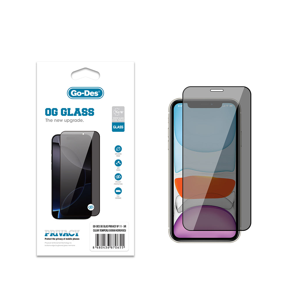 iPhone XR 6.1 Go Des OG Glass Privacy Antistatik Temperli Cam Ekran Koruyucu
