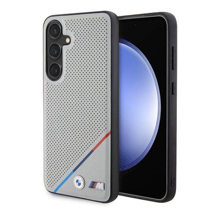 Galaxy S24 Kılıf BMW Orijinal Lisanslı M-safe Şarj Özellikli M Logolu Üç Çizgili Delikli Deri Kılıf