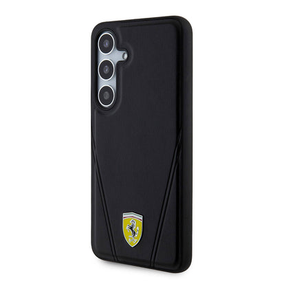 Galaxy S24 Kılıf Ferrari orijinal Lisanslı M-safe Şarj Özellikli Sıcak Baskı V Çizgili Deri Kılıf
