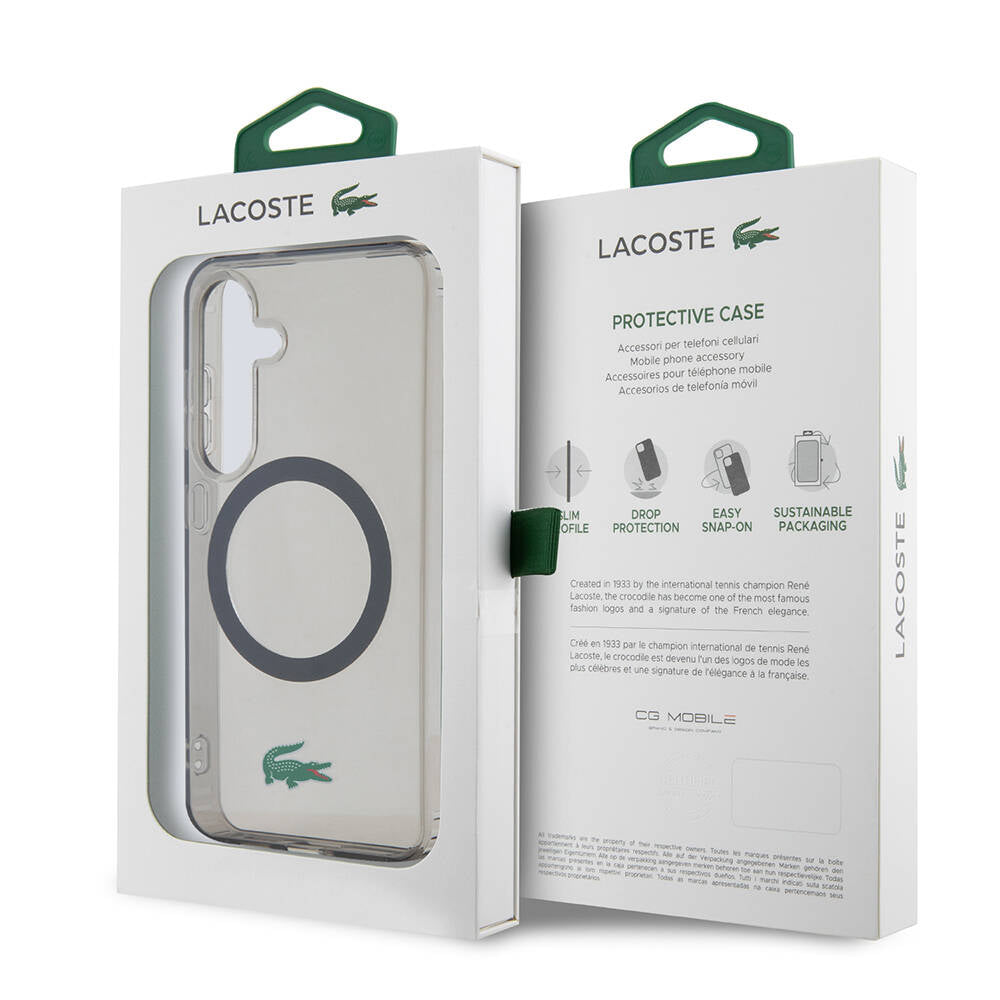 Galaxy S24 Kılıf Lacoste orijinal Lisanslı M-safe Şarj Özellikli Transparan Timsah Logo Baskılı Kılıf